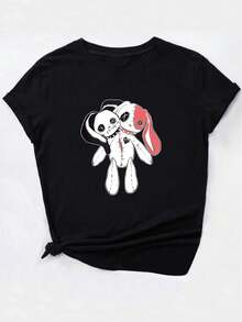 Women's Sports Short Sleeve T-Shirt, Comfortable And Stylish, For Sports And Daily Life, Rabbit Pattern - Black - View 3