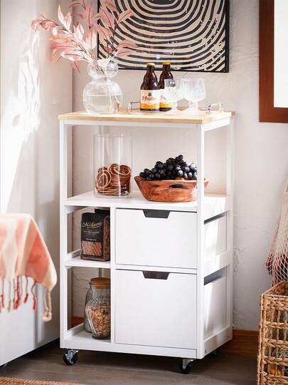 SoBuy Serving Trolley With Wheels, Rolling Cart With Drawers, Kitchen Trolley, Side Table, Wood With 3 Shelves, Metal Kitchen Shelf In A Modern Design For Kitchen & Household, 89x53x37cm, White/Natural, FKW111-WN