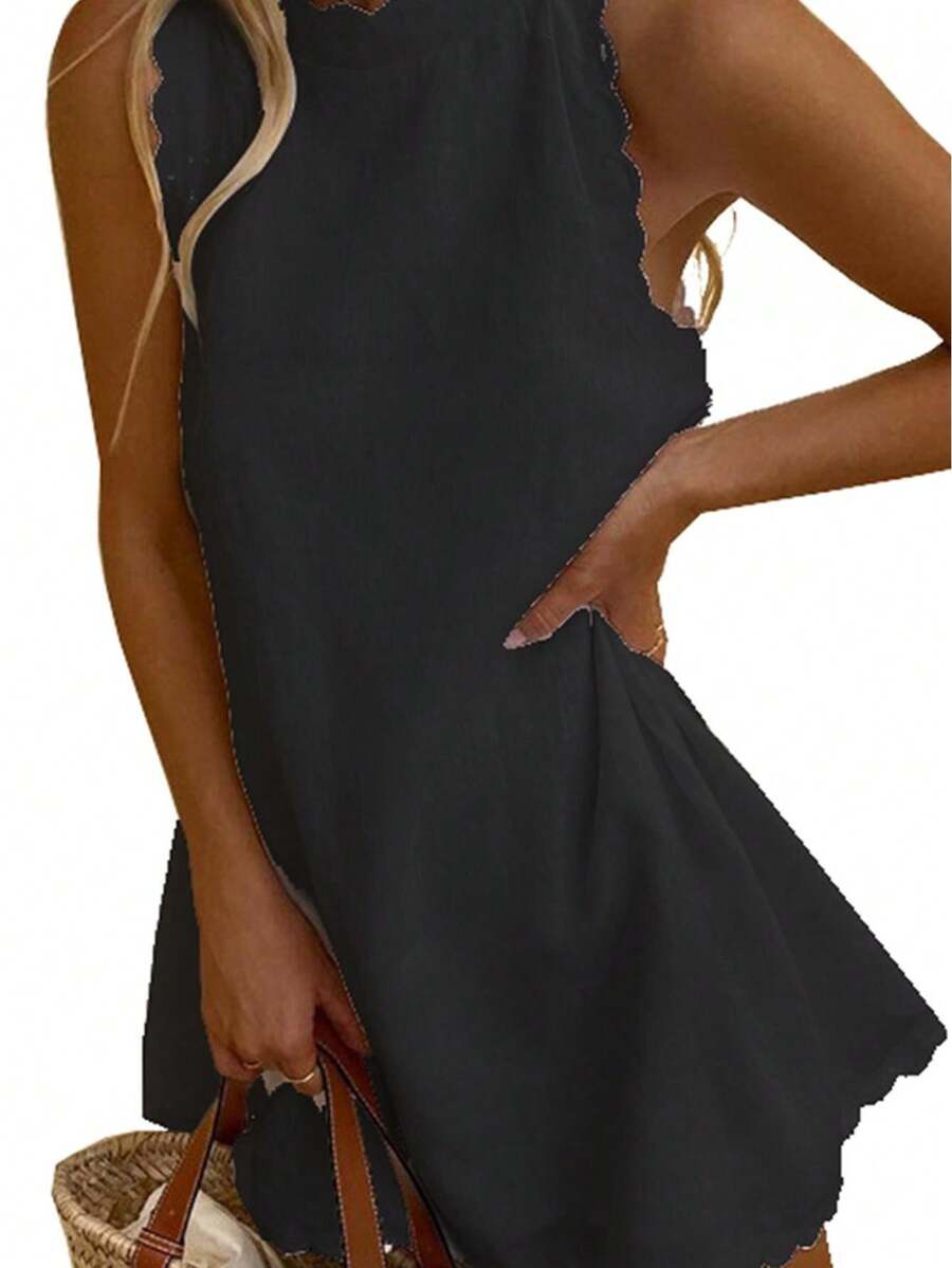 Women Mini Dress Sleeveless Crew Neck Solid Loose A-line Dress Streetwear for Club Party - Negro - Ver 1