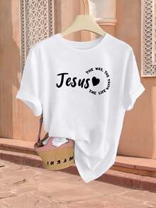 Camiseta de manga corta de corte regular - Estampado de moda "Jesús, Jesús es el camino, la verdad y la vida" - Camiseta de manga corta estampada, versátil y transpirable para mujer, ideal para primavera/verano, atuendo casual diario de verano. - Blanco - Ver 3