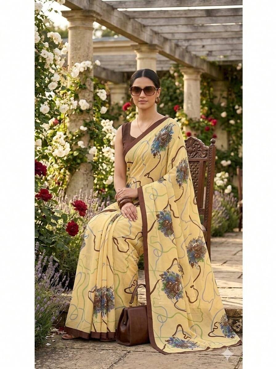 Estationeryhouse Printed Georgette With Saree With Blouse Piece - Brown - View 1