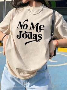 Camiseta de mujer de manga corta, de ajuste holgado, con cuello redondo y estampado de eslogan, nueva para el verano. Prenda de vestir casual y de moda, adecuada para uso diario y vacaciones.,Playera Gráfica Oversized Mujer Verano Casual - Albaricoque - Ver 2
