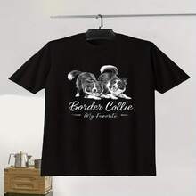 Camiseta casual de talla grande de poliéster con estampado de Border Collie - Cuello redondo, ligera elasticidad, patrón geométrico, tejido de punto, camiseta de verano de ajuste regular para adultos - Negro - Ver 2