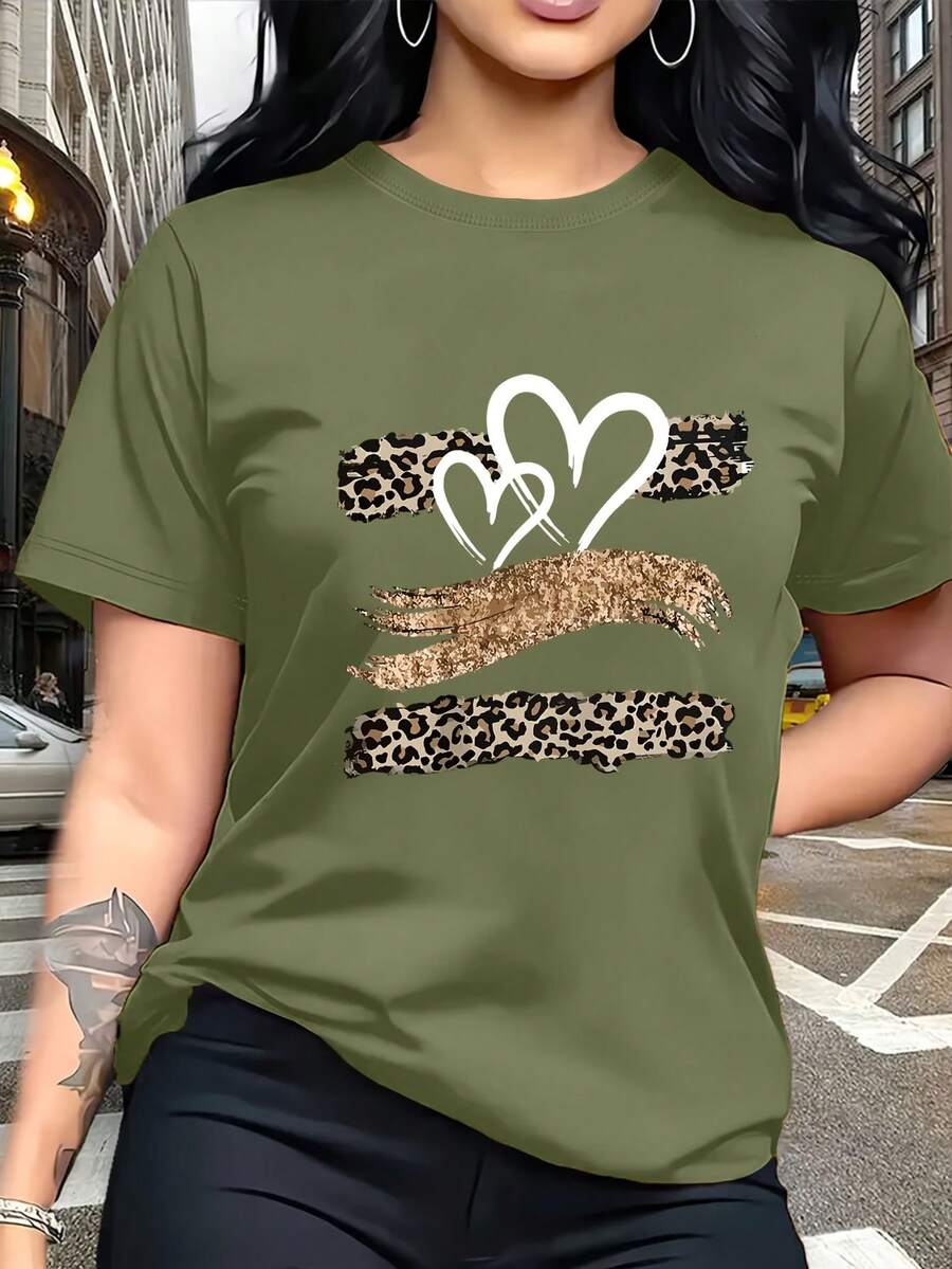 Glitter Heart Print T-Shirt With Leopard Print Design, And Breathable, Suitable For Family Trips, School Activities, Casual Sports, Daily Commutes, Matching Sister Outfits, Versatile T-Shirt. 9XO7 - 綠色 - 查看 1