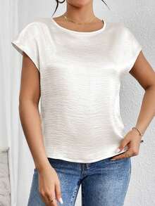 Blusa holgada y elegante casual con hombros de lámina metálica para mujer; Blusa de unicolor de satén con mangas tipo murciélago y cuello plisado para mujer - Blanco - Ver 6