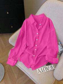 Camisa casual/de trabajo de manga larga, de un solo pecho y de unicolor para mujer de talla grande - Rosa Fucsia - Ver 4