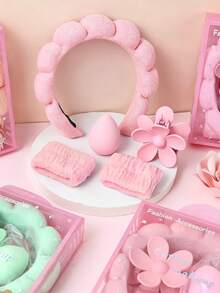 1/5/Pcs/Set Pink Cloud Headband Set, Cloud Headband, Wristband, Makeup Sponge, Hair Claw, One Set Meets Multiple Needs - Suitable For Girls And Women, Applicable For Makeup, Skincare, Daily Washing And Other Life Scenarios - Multicolor - View 4