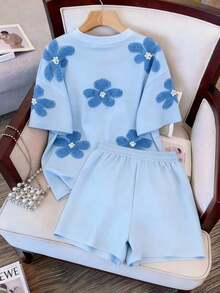 informal de 2 piezas de camiseta de manga corta con cuello redondo y estampado de letras, y shorts para mujer - Multicolor 2 - Ver 2