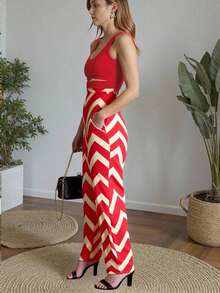 Elegante conjunto de 2 piezas de top sin espalda con cruce y pantalones rectos sexy para mujer - Rojo - Ver 2