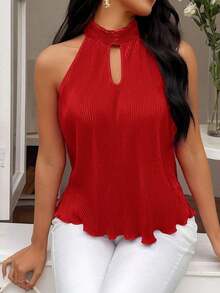 Camiseta sin tirantes de mujer con cuello halter, frente hueco y plisado en color solido - Rojo - Ver 1