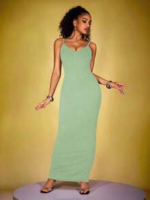 Vestido largo casual ajustado de color rosa sólido con tirantes finos para mujer - verde menta - Ver 4