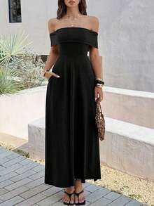 Vestido de mujer de unicolor con hombros descubiertos, nuevo vestido largo elegante y ajustado sin espalda para fiestas, uso diario y citas - Negro - Ver 8