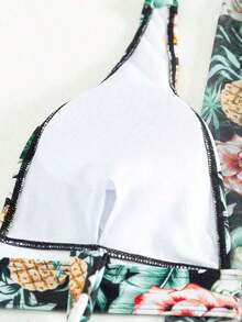Conjunto de bikini con estampado tropical de tres piezas sujetador de empuje y bottom de bikini tipo hipster y kimono para mujer estilo vacaciones de verano en la playa - Verde Oscuro - Ver 6
