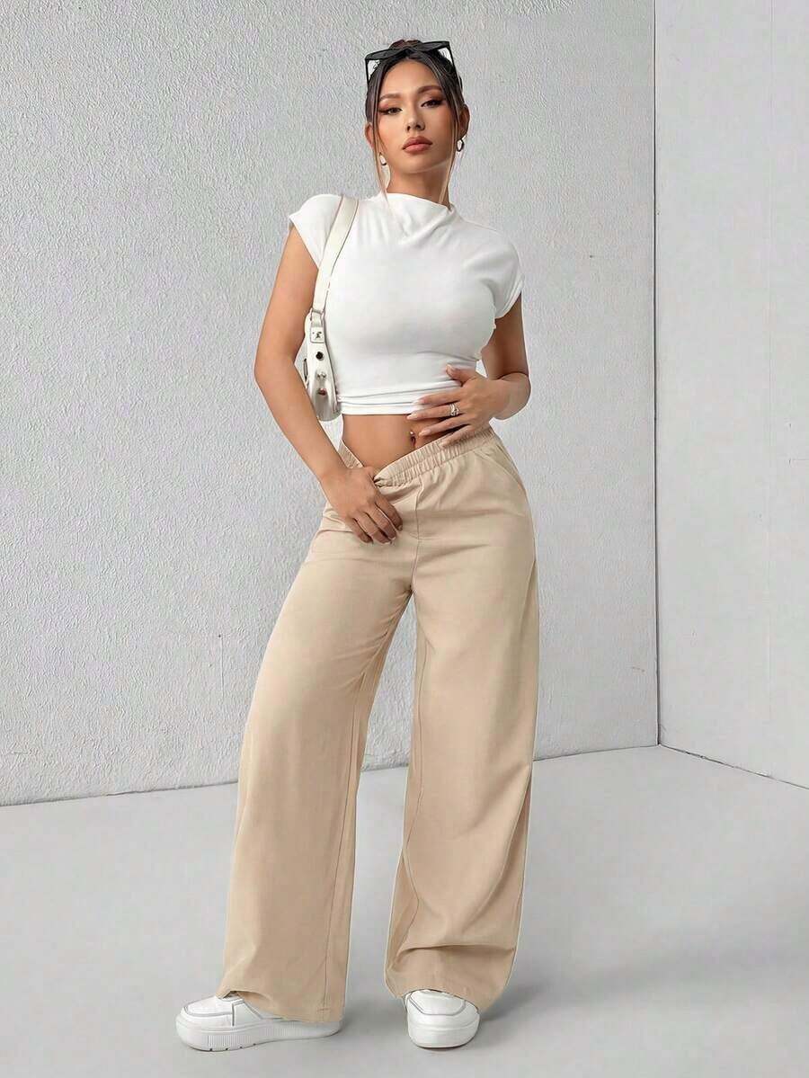 Pantalones de pierna de campana con cintura alta, elásticos y acanalados para mujeres - Caqui - Ver 1