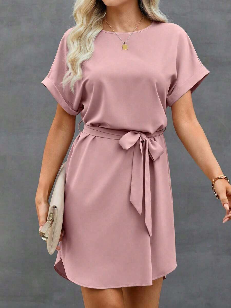 Vestido de mujer de manga corta tipo murciélago con cuello redondo y cintura torcida de unicolor - Rosa Pálido - Ver 1