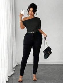 Blusa de talla grande para mujer elegante, personalizada, de moda, versátil, con un solo hombro, adecuada para uso diario - Negro - Ver 7