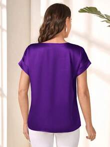 Blusa suelta elegante de verano para mujer con cuello redondo, mangas cortas tipo murciélago y unicolor - Blusas de manga corta - Morado - Ver 2