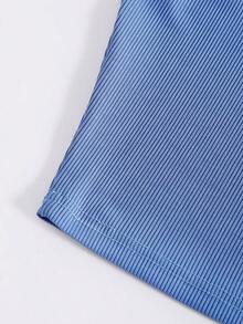 Top Sin Mangas De Punto Acanalado Con Hombro Cortado Sólido Para Verano - Azul - Ver 4