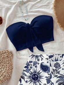 Conjunto de 2 piezas con estampado de árbol de coco y flor de diosa del sol para vacaciones en la isla, adecuado para vacaciones, verano, elegante - Multicolor - Ver 4