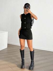 Conjunto casual de 2 piezas de chaleco de un solo pecho y falda de unicolor para mujer - Negro - Ver 4