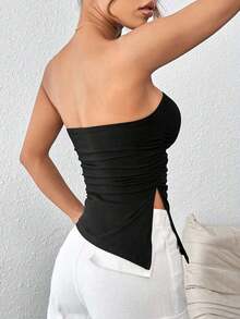 Top negro sin tirantes con pliegues y abertura - Negro - Ver 2