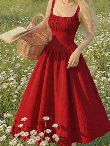 Vestido elegante de longitud media sin mangas con diseño de cintura plisada y unicolor para mujer - Rojo - Ver 3