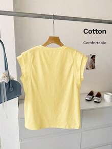Camiseta sin mangas de mujer de cuello redondo blanca de doble capa con hombros anchos, adecuada para uso casual diario, primavera/verano - Amarillo - Ver 2