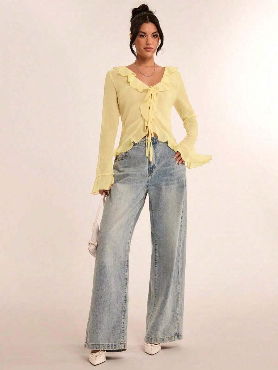 Blusa elegante de mujer con mangas de volantes de gasa, adecuada para vacaciones, fiestas, citas, salidas con amigos, vacaciones y uso diario elegante, Día de San Valentín, San Valentín para mujeres - Amarillo - Ver 1