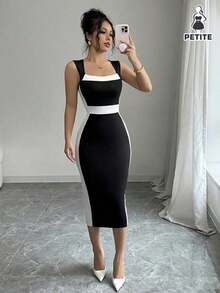 Petite Vestido ajustado de tubo elegante de contraste de color para el trayecto al trabajo de las mujeres - Negro - Ver 1