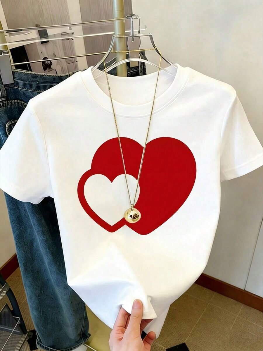 New Summer 2026 Collection From Local Warehouse. Women's Graphic T-Shirts, One-Piece, Fashionable, Round Neck, Pure Cotton, For Home Use, With Funny Cartoon Letter Print, Round Neck T-Shirt For Spring/Summer, Modern And Comfortable Top, Valentine's Day Gift, 100% Cotton, Breathable And Comfortable. - 白色 - 查看 1