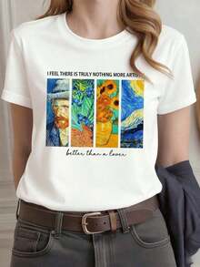 Camiseta de oto?o con estampado artístico de Van Gogh, cuello redondo, corte holgado, estilo casual y cómodo. - Blanco - Ver 7
