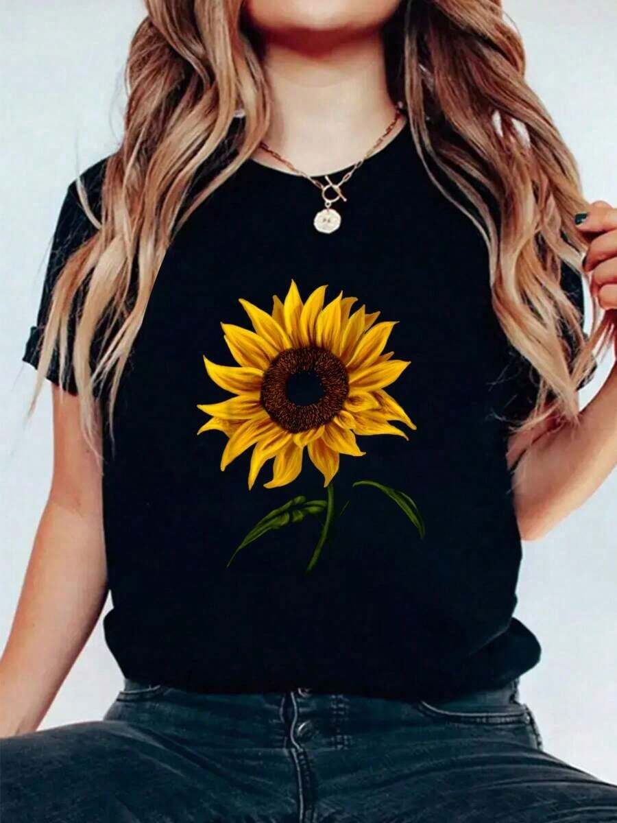 Camiseta 100% algodón con diseño floral de girasoles en acuarela. - Negro - Ver 1