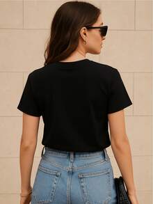 Basic Short-Sleeved T-Shirt With Butterfly Graphic Print And Glitter, Women's Casual, Creative, Cute Style For Spring, Summer, Autumn, Winter, 100% Cotton - 黑色 - 查看 2