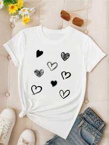 Women's 100% Cotton T-Shirt, Soft And Comfortable With Short Sleeves And Round Neck With A Heart Design And Different Textures For Valentine's Day Celebrations, February 14th. - [白色的] - 查看 2