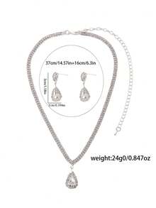 3pcs Set Silver Plated Double Row Tennis Chain Jewelry Set - V-Neck Necklace With Pear-Shaped Pendant + Dangling Earrings, Women's Accessories Suitable For Summer Parties/Weddings/Galas - Silver - View 3