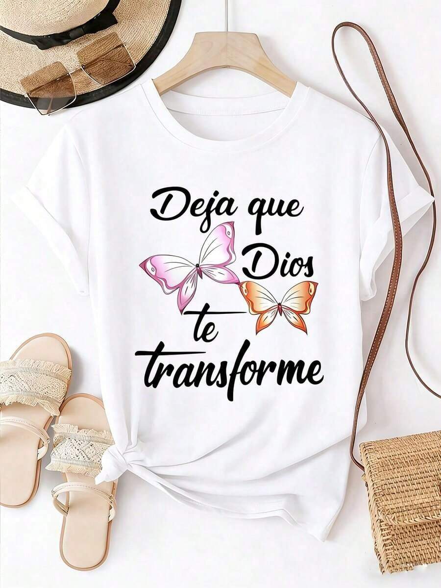 Camisetas Gráficas Estilo Mujer - Cristiano - Estampado de Letras "Deja Que Dios Te Transforme" - 100% Algodón - Conjuntos para Mujer - Camiseta Casual de Manga Corta - Tops de Mujer - Camiseta Holgada - Atuendo Diario - Adecuado para primavera, verano y otoño - Blanco - Ver 1
