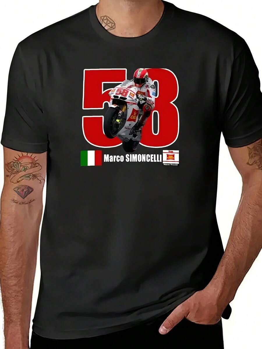 Camiseta Unisex para Hombre y Mujer Marco Simoncelli 58 Super Sic de Motociclismo, Tejido Grueso, Gráfico de Firma con Bandera Italiana, Ropa Deportiva de Motor Duradera, Uso Casual, Cuello Redondo, Ligeramente Elástica, Patrón Geométrico, Hombros Caídos, Manga Corta - Negro - Ver 1