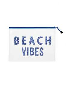 Multi Colored Waterproof Fashionable Mesh Beach Bag, Makeup Bag With Colorful "Beach Atmosphere" Print, Beach Theme With Letters And Sequin Design. Large Capacity Transparent Makeup Bag, Nylon Zipper Wash Bag - Lightweight, Can Store Sunscreen, Snacks, Bikinis, And Beach Essentials. Spring And Summer Storage - Multicolor - View 12