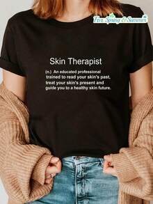Camiseta casual de manga corta y cuello redondo con estampado de letras negras humorísticas "Definición de Terapeuta de Piel y Esteticista", para verano y primavera, ropa de mujer - Negro - Ver 1