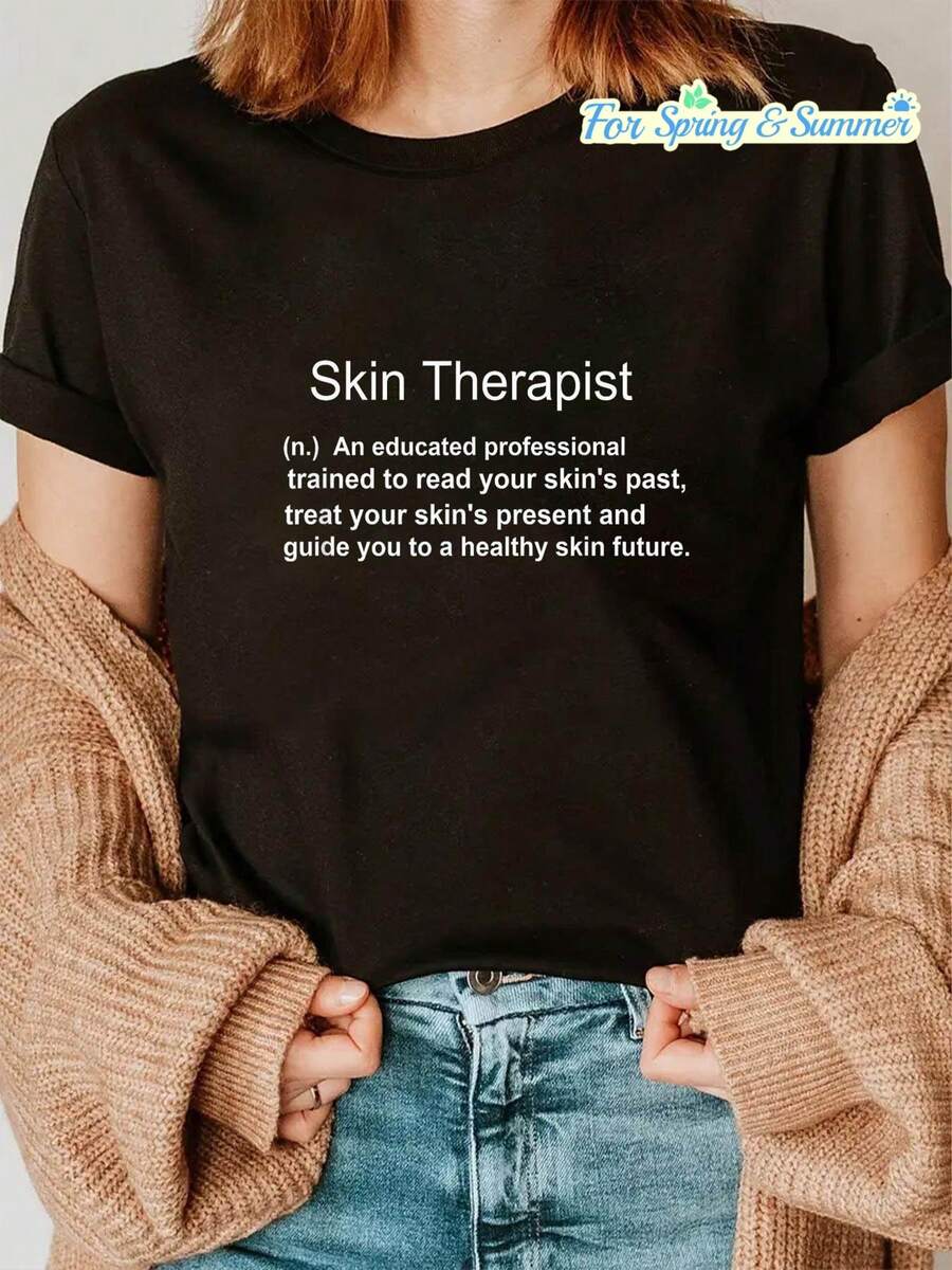 Camiseta casual de manga corta y cuello redondo con estampado de letras negras humorísticas "Definición de Terapeuta de Piel y Esteticista", para verano y primavera, ropa de mujer - Negro - Ver 1