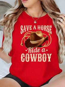 Loose Fit Women's T-Shirt With An Original Cowboy Hat Design, Casual And Comfortable Style. Perfect For A Relaxed Look With A Modern Touch. Basic Crew Neck Cotton T-Shirt For Women - 紅色的 - 查看 7