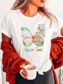 Under The RadarCamiseta con Estampado de Mariposa Alma Hippie, Manga Corta y Cuello Redondo, Top Casual para Verano y Primavera, Ropa de Mujer-Vintage Street Style Unisex Loose Cotton Short Sleeve Crew Neck T-Shirt - Blanco - Ver 1