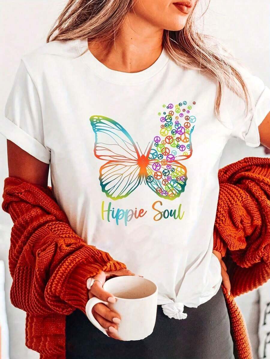 Under The RadarCamiseta con Estampado de Mariposa Alma Hippie, Manga Corta y Cuello Redondo, Top Casual para Verano y Primavera, Ropa de Mujer-Vintage Street Style Unisex Loose Cotton Short Sleeve Crew Neck T-Shirt - Blanco - Ver 1