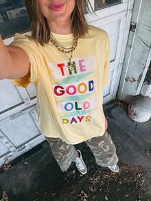 Edición Limitada: Camiseta de Manga Corta para Mujer con Estampado de Lema Colorido GOOD OLD DAYS, Estilo Retro Americano, Divertida y Casual, Corte Holgado, Efecto Adelgazante, Cómoda, Transpirable, Estilo Urbano Relajado, Camiseta para Mujer, Perfecta para el Traslado Diario/Look Urbano Grunge/Reuniones de Chicas/Festivales deúsica/Conjuntos Retro/Conjuntos de Primavera-Verano, Algodón Ligero. - Albaricoque - Ver 9