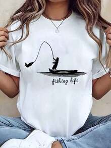 Soft, Breathable, And Lightweight For All-Day Comfort. Women's T-Shirt With A Fishing-Themed Print, Featuring A Boat And Fisherman Design, A Crew Neck, And A Casual Summer Style. A Perfect Gift For Fishing Enthusiasts. 220g. Classic Crew Neck With A Relaxed Fit That Flatters All Body Types And Is Easy To Pair With Jeans, Shorts, And Leggings. - 白色 - 查看 11