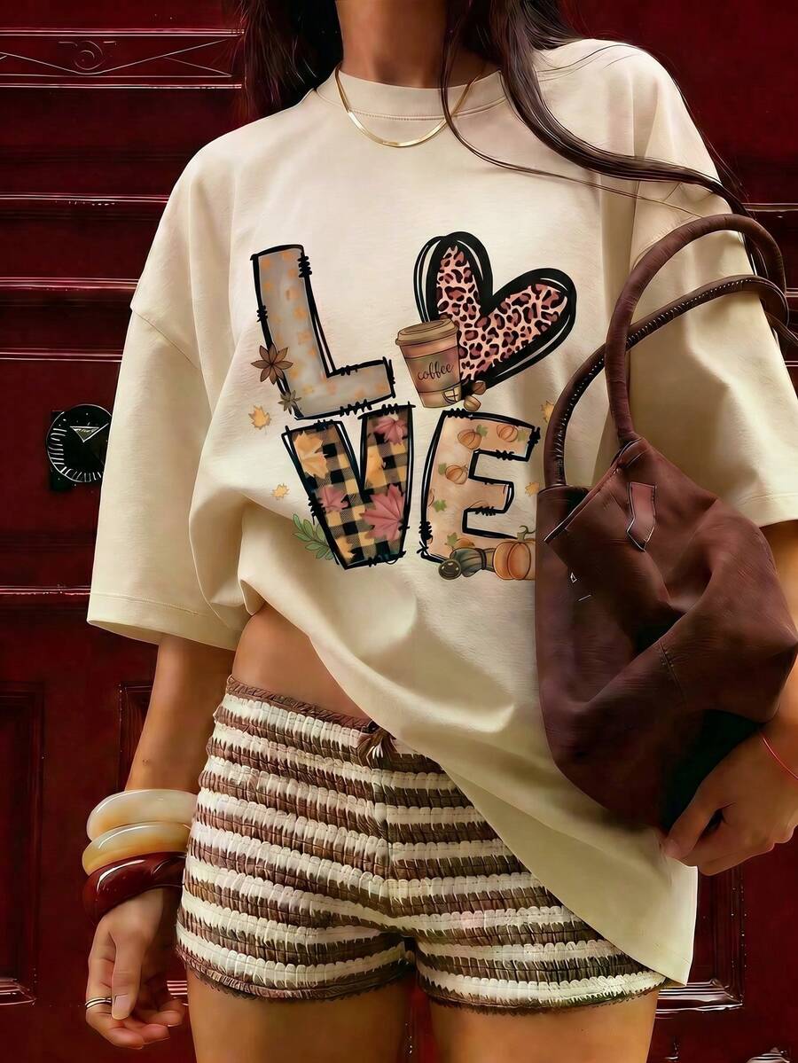 Camiseta de mujer estampada de manga corta para verano, tops de mujer, tela de poliéster, estilo multifuncional, corte regular, 1 unidad. - Albaricoque - Ver 1