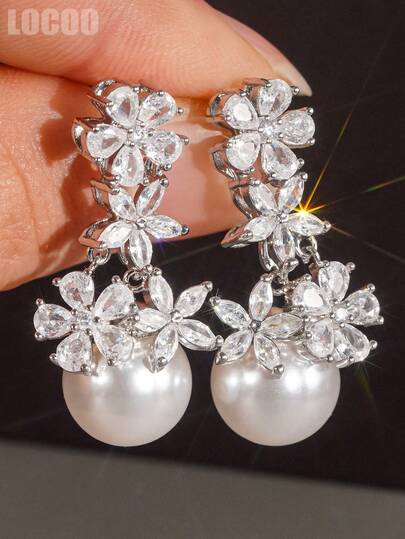 1 Pair Elegant Cubic Zirconia & Faux Pearl Earrings, Designed For Women, Suitable For Weddings, Engagements, Anniversary Parties, Valentine's Day Gifts