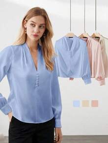 Blusa de manga de globo con cuello en V, nueva para primavera/verano, de tela de satén, elegante y versátil para el día a día en la ciudad, con estilo retro de los 90, adecuada para Navidad, Año Nuevo, San Valentín, fiestas, playa, graduación, mod - Celeste - Ver 8