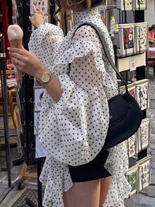 Blusa casual y sexy con estampado de corazón, contraste de color, botones delanteros y volantes/flecos en el bajo para uso en casa y vacaciones - Blanco 2 - Ver 4