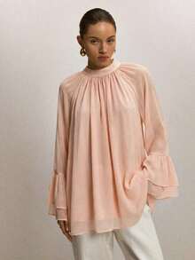 Blusa suelta de moda con mangas acampanadas y cuello raglan de unicolor para mujer - Albaricoque 2 - Ver 4